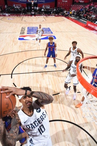 Devin Robinson of the Indiana Pacers drives to the basket during the 2021 Las Vegas Summer League on August 9, 2021 at the Thomas & Mack Center in...