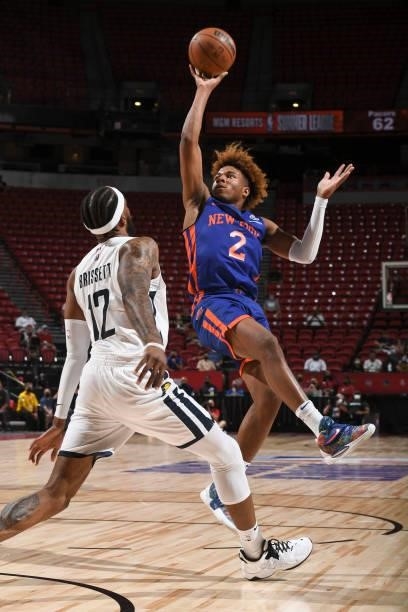 Miles McBride of the New York Knicks shoots the ball during the 2021 Las Vegas Summer League on August 9, 2021 at the Thomas & Mack Center in Las...