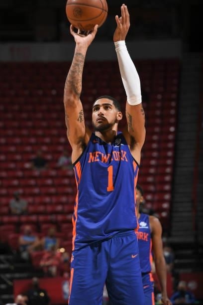 Obi Toppin of the New York Knicks shoots a free throw during the 2021 Las Vegas Summer League on August 9, 2021 at the Thomas & Mack Center in Las...