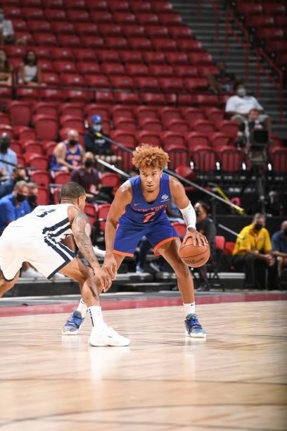 Miles McBride of the New York Knicks handles the ball during the 2021 Las Vegas Summer League on August 9, 2021 at the Thomas & Mack Center in Las...