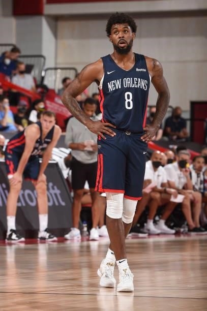 Naji Marshall of the New Orleans Pelicans looks on during the 2021 Las Vegas Summer League on August 9, 2021 at the Cox Pavilion in Las Vegas,...