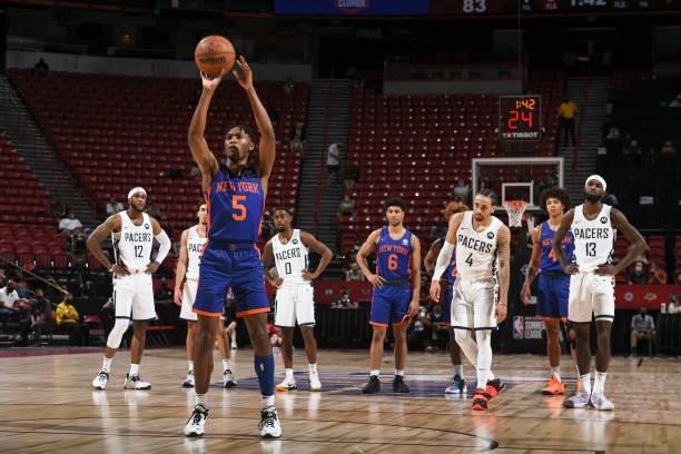 Immanuel Quickley of the New York Knicks shoots a free throw during the 2021 Las Vegas Summer League on August 9, 2021 at the Thomas & Mack Center in...