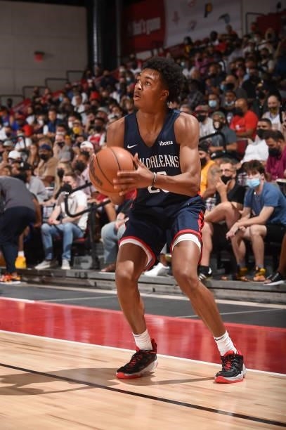 Trey Murphy III of the New Orleans Pelicans handles the ball during the 2021 Las Vegas Summer League on August 9, 2021 at the Cox Pavilion in Las...