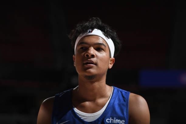 Tyrell Terry of the Dallas Mavericks looks on during the game against the Philadelphia 76ers during the 2021 Las Vegas Summer League on August 9,...