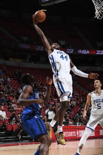 Paul Reed of the Philadelphia 76ers rebounds the ball during the game against the Dallas Mavericks during the 2021 Las Vegas Summer League on August...