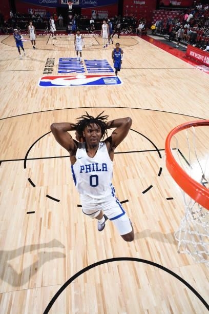 Tyrese Maxey of the Philadelphia 76ers dunks the ball during the game against the Dallas Mavericks during the 2021 Las Vegas Summer League on August...