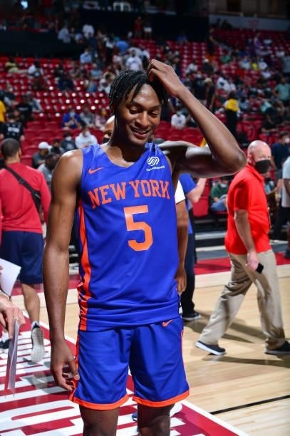 Immanuel Quickley of the New York Knicks smiles after the game against the Indiana Pacers during the 2021 Las Vegas Summer League on August 9, 2021...