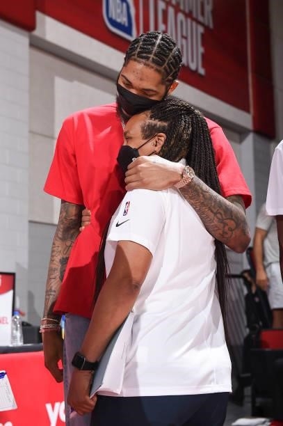 Brandon Ingram of the New Orleans Pelicans hugs Assistant Coach Teresa Weatherspoon of the New Orleans Pelicans during the 2021 Las Vegas Summer...