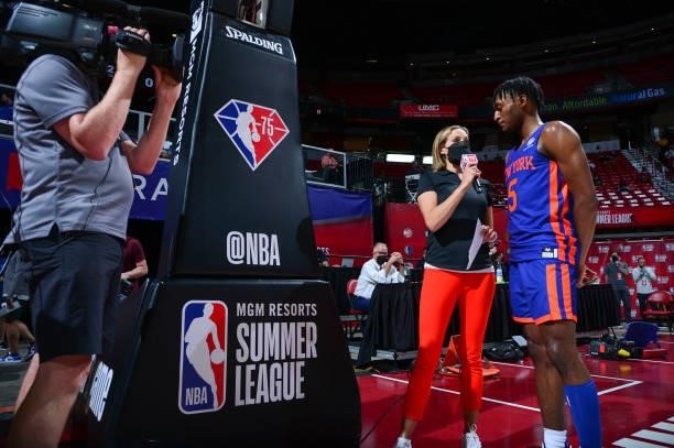 Reporter, Rebecca Haarlow talks to Immanuel Quickley of the New York Knicks after the game against the Indiana Pacers during the 2021 Las Vegas...