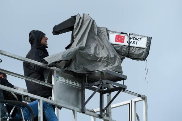 Cameraman with a Sportcast camera during the DFB Cup first round match between Preussen Muenster and VfL Wolfsburg at Preussenstadion on August 8,...