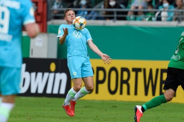 Yannick Gerhardt of VfL Wolfsburg controls the ball during the DFB Cup first round match between Preussen Muenster and VfL Wolfsburg at...