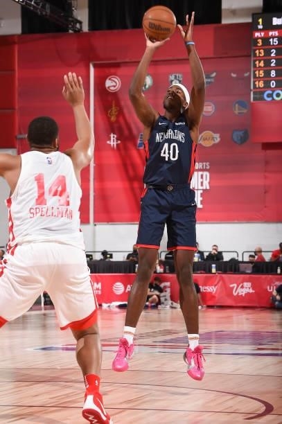 Moses Wright of the New Orleans Pelicans shoots the ball during the 2021 Las Vegas Summer League on August 9, 2021 at the Cox Pavilion in Las Vegas,...