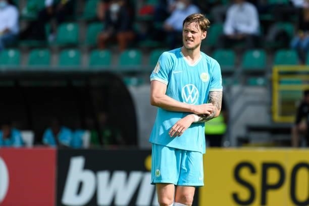 Wout Weghorst of VfL Wolfsburg looks on during the DFB Cup first round match between Preussen Muenster and VfL Wolfsburg at Preussenstadion on August...