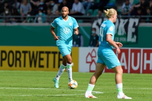 John Anthony Brooks of VfL Wolfsburg controls the ball during the DFB Cup first round match between Preussen Muenster and VfL Wolfsburg at...