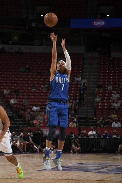 Tyrell Terry of the Dallas Mavericks shoots a three point basket during the game against the Philadelphia 76ers during the 2021 Las Vegas Summer...