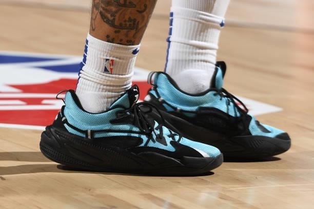The sneakers of Rayjon Tucker of the Philadelphia 76ers during the game against the Dallas Mavericks during the 2021 Las Vegas Summer League on...