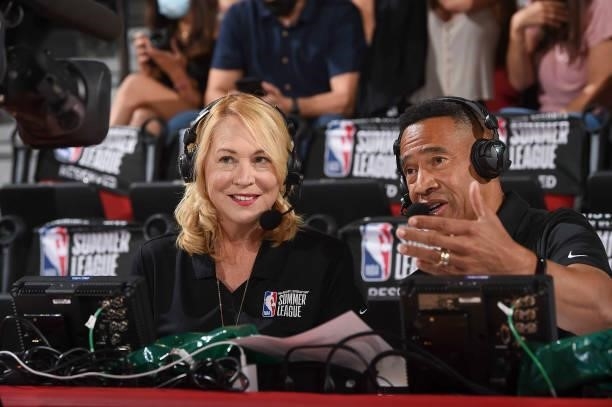 Analysts, Doris Burke and Mark Jones talk during the 2021 Las Vegas Summer League on August 9, 2021 at the Cox Pavilion in Las Vegas, Nevada. NOTE TO...