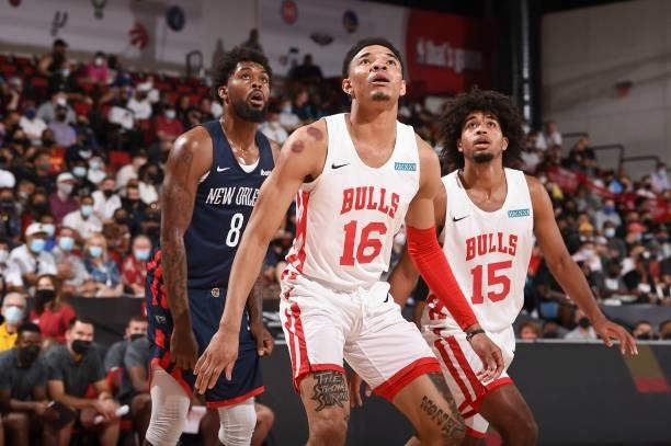 Tyler Bey of the Chicago Bulls fights for position during the 2021 Las Vegas Summer League on August 9, 2021 at the Cox Pavilion in Las Vegas,...
