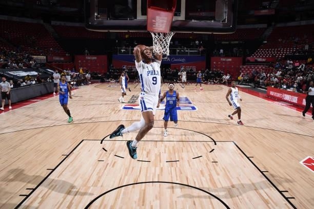 Rayjon Tucker of the Philadelphia 76ers dunks the ball during the game against the Dallas Mavericks during the 2021 Las Vegas Summer League on August...