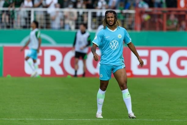 Kevin Mbabu of VfL Wolfsburg looks on during the DFB Cup first round match between Preussen Muenster and VfL Wolfsburg at Preussenstadion on August...