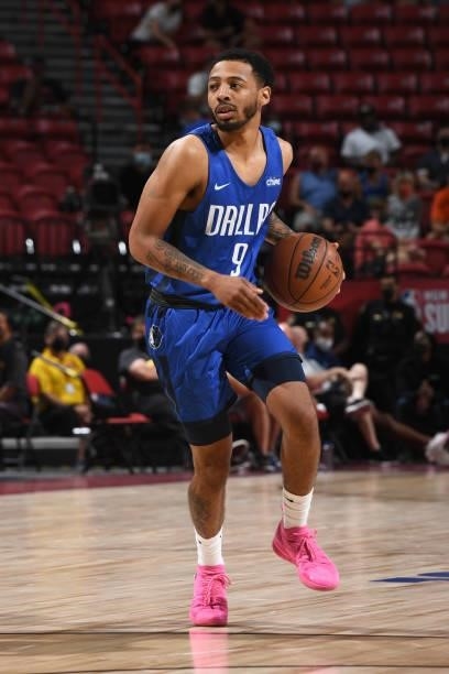 Carlik Jones of the Dallas Mavericks dribbles the ball during the game against the Philadelphia 76ers during the 2021 Las Vegas Summer League on...