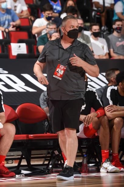 Damian Cotter of the Chicago Bulls looks on during the game against the New Orleans Pelicans during the 2021 Las Vegas Summer League on August 9,...
