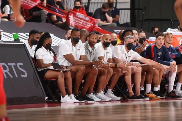 Head Coach Willie Green of the New Orleans Pelicans looks on during the game against the Chicago Bulls during the 2021 Las Vegas Summer League on...