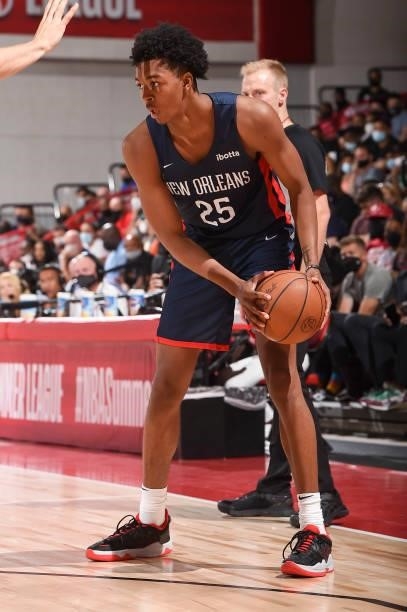 Trey Murphy III of the New Orleans Pelicans handles the ball during the 2021 Las Vegas Summer League on August 9, 2021 at the Cox Pavilion in Las...