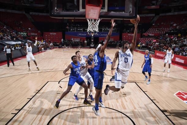 Tyrese Maxey of the Philadelphia 76ers drives to the basket during the game against the Dallas Mavericks during the 2021 Las Vegas Summer League on...