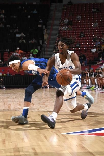 Tyrese Maxey of the Philadelphia 76ers dribbles the ball during the game against the Dallas Mavericks during the 2021 Las Vegas Summer League on...