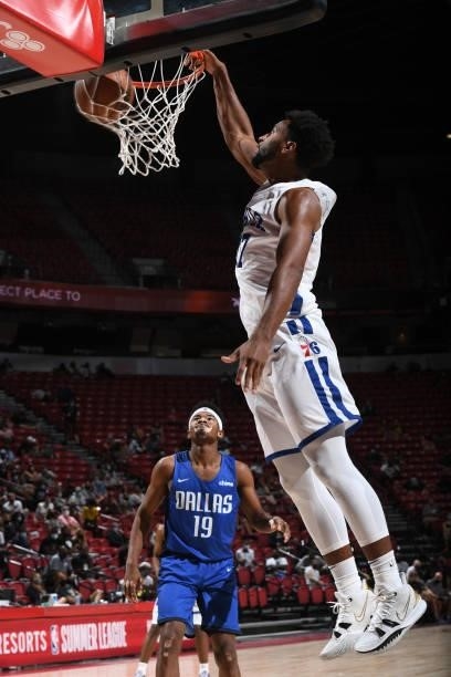 Braxton Key of the Philadelphia 76ers dunks the ball during the game against the Dallas Mavericks during the 2021 Las Vegas Summer League on August...