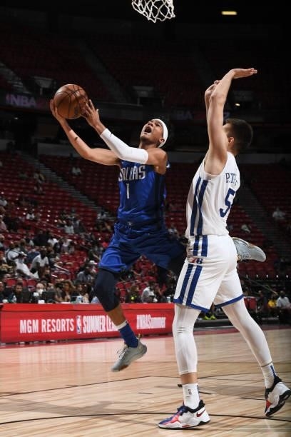 Tyrell Terry of the Dallas Mavericks shoots the ball during the game against the Philadelphia 76ers during the 2021 Las Vegas Summer League on August...