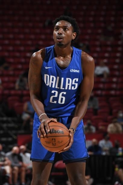 Robert Franks of the Dallas Mavericks shoots a free throw during the game against the Philadelphia 76ers during the 2021 Las Vegas Summer League on...