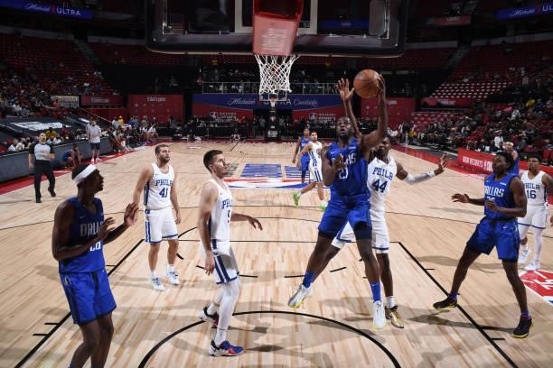 Eugene Omoruyi of the Dallas Mavericks shoots the ball during the game against the Philadelphia 76ers during the 2021 Las Vegas Summer League on...