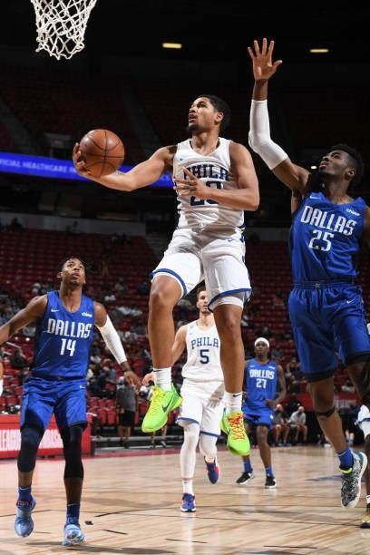 Aaron Henry of the Philadelphia 76ers drives to the basket during the game against the Dallas Mavericks during the 2021 Las Vegas Summer League on...