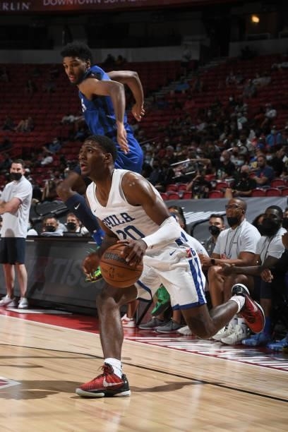 Aaron Henry of the Philadelphia 76ers dribbles the ball during the game against the Dallas Mavericks during the 2021 Las Vegas Summer League on...