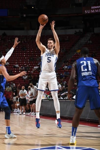 Filip Petrusev of the Philadelphia 76ers shoots a three point basket during the game against the Dallas Mavericks during the 2021 Las Vegas Summer...