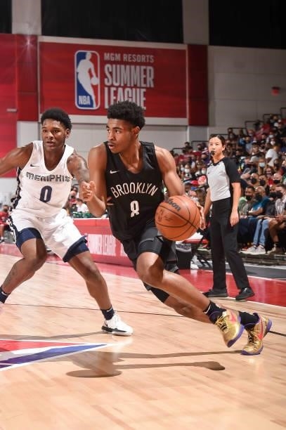 Cam Thomas of the Brooklyn Nets handles the ball during the game against the Memphis Grizzlies during the 2021 Las Vegas Summer League on August 9,...