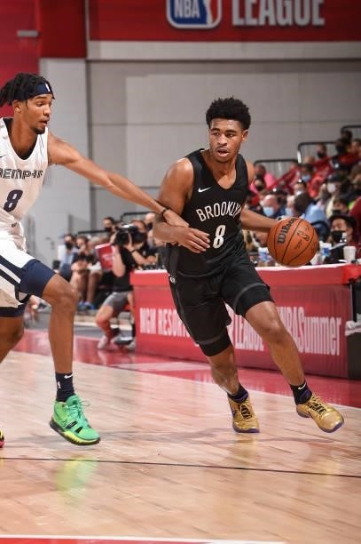 Cam Thomas of the Brooklyn Nets handles the ball during the 2021 Las Vegas Summer League on August 9, 2021 at the Cox Pavilion in Las Vegas, Nevada....
