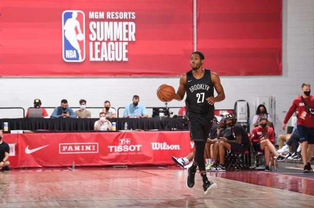 Brandon Knight of the Brooklyn Nets handles the ball during the 2021 Las Vegas Summer League on August 9, 2021 at the Cox Pavilion in Las Vegas,...