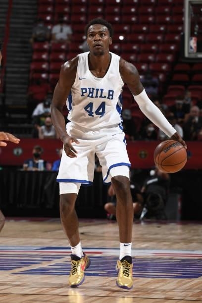 Paul Reed of the Philadelphia 76ers dribbles the ball during the game against the Dallas Mavericks during the 2021 Las Vegas Summer League on August...