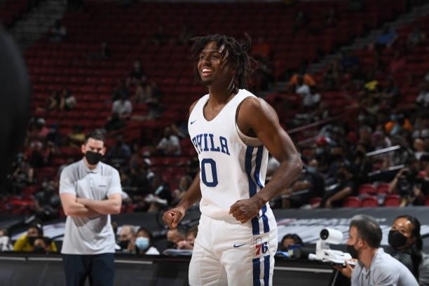 Tyrese Maxey of the Philadelphia 76ers celebrates during the game against the Dallas Mavericks during the 2021 Las Vegas Summer League on August 9,...