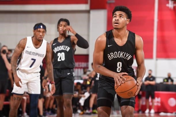 Cam Thomas of the Brooklyn Nets shoots a free throw during the 2021 Las Vegas Summer League on August 9, 2021 at the Cox Pavilion in Las Vegas,...