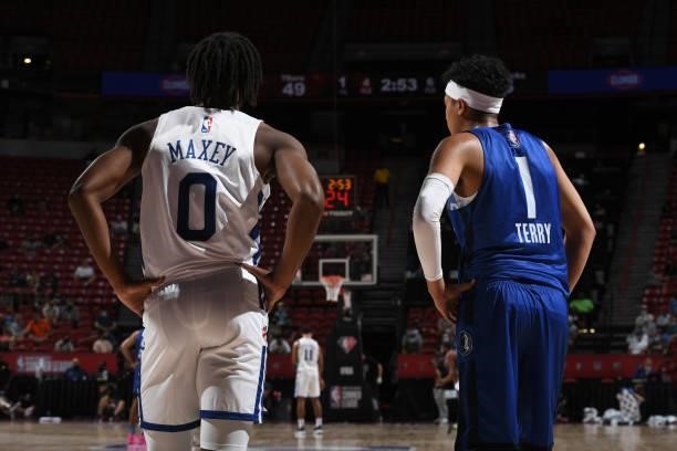 Tyrese Maxey of the Philadelphia 76ers and Tyrell Terry of the Dallas Mavericks look on during the 2021 Las Vegas Summer League on August 9, 2021 at...