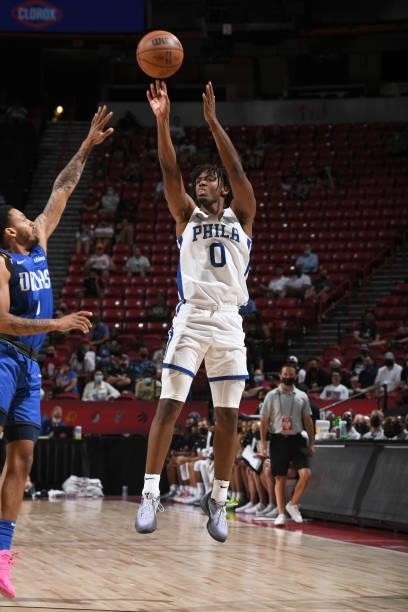 Tyrese Maxey of the Philadelphia 76ers shoots a three point basket during the game against the Dallas Mavericks during the 2021 Las Vegas Summer...