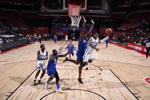 Aaron Henry of the Philadelphia 76ers shoots the ball during the game against the Dallas Mavericks during the 2021 Las Vegas Summer League on August...