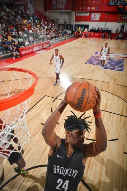 Alize Johnson of the Brooklyn Nets rebounds the ball during the 2021 Las Vegas Summer League on August 9, 2021 at the Cox Pavilion in Las Vegas,...