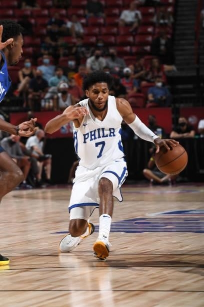 Isaiah Joe of the Philadelphia 76ers dribbles the ball during the game against the Dallas Mavericks during the 2021 Las Vegas Summer League on August...