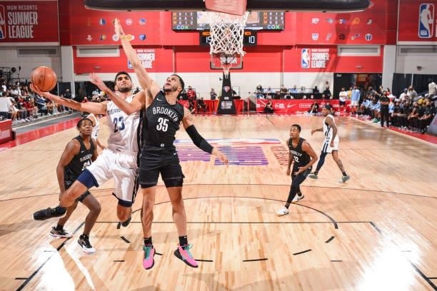 Marko Guduric of the Memphis Grizzlies drives to the basket as Quinndary Weatherspoon of the Brooklyn Nets plays defense during the 2021 Las Vegas...