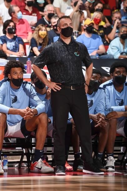 Darko Rajakovic of the Memphis Grizzlies looks on during the game against the Brooklyn Nets during the 2021 Las Vegas Summer League on August 9, 2021...